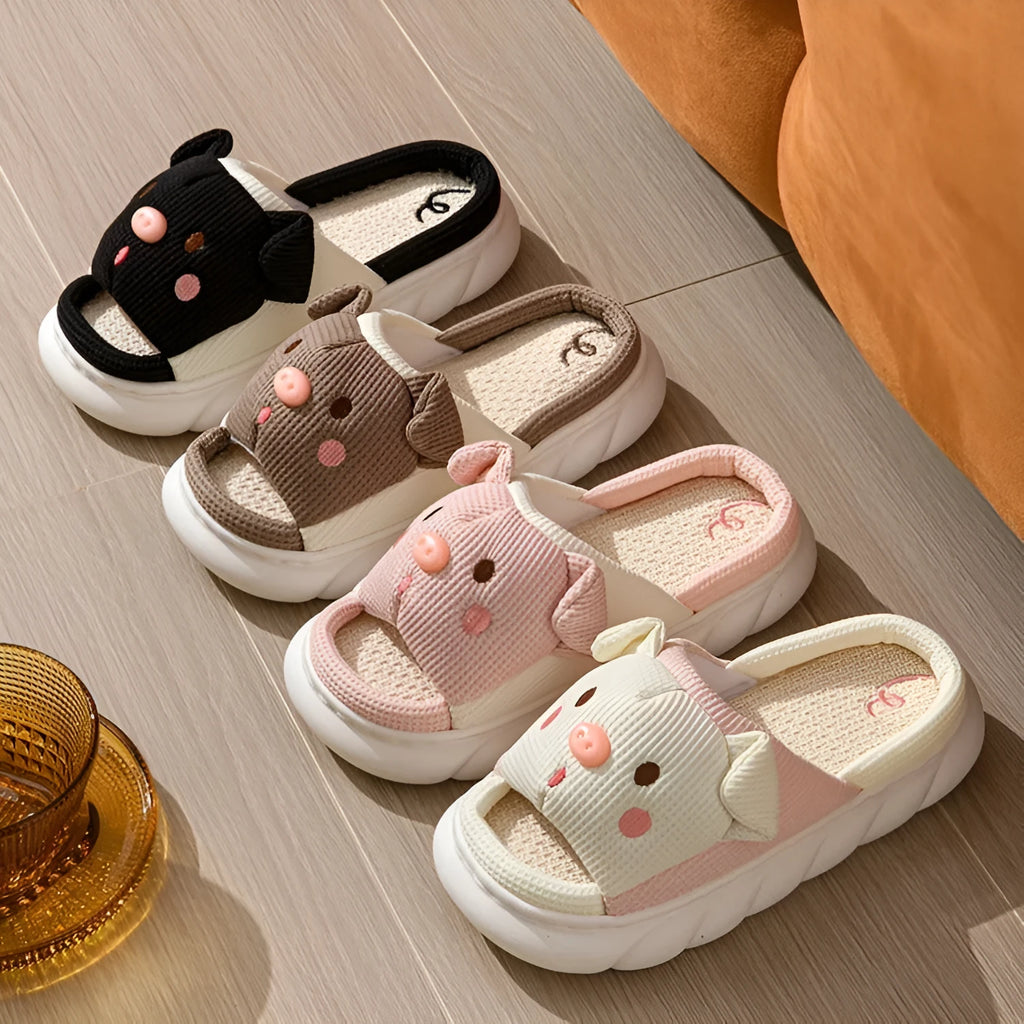 Piggy cute open-toe linen slippers for couples in white, pink, black, and brown colours.