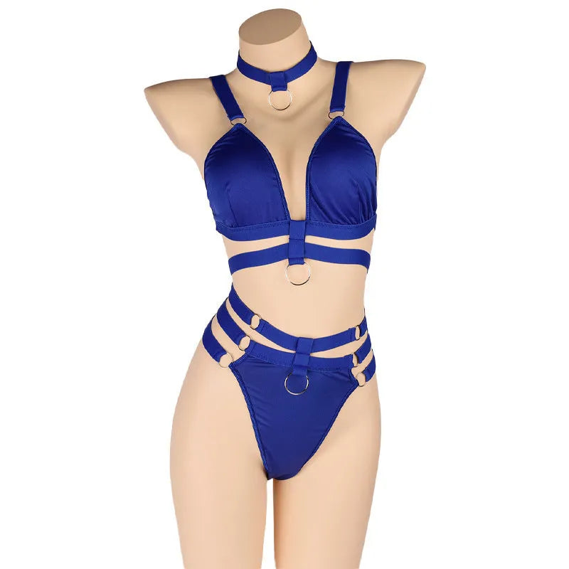 Women's bikini set in black blue and red free size polyester fabric with nylon lining for swimming
