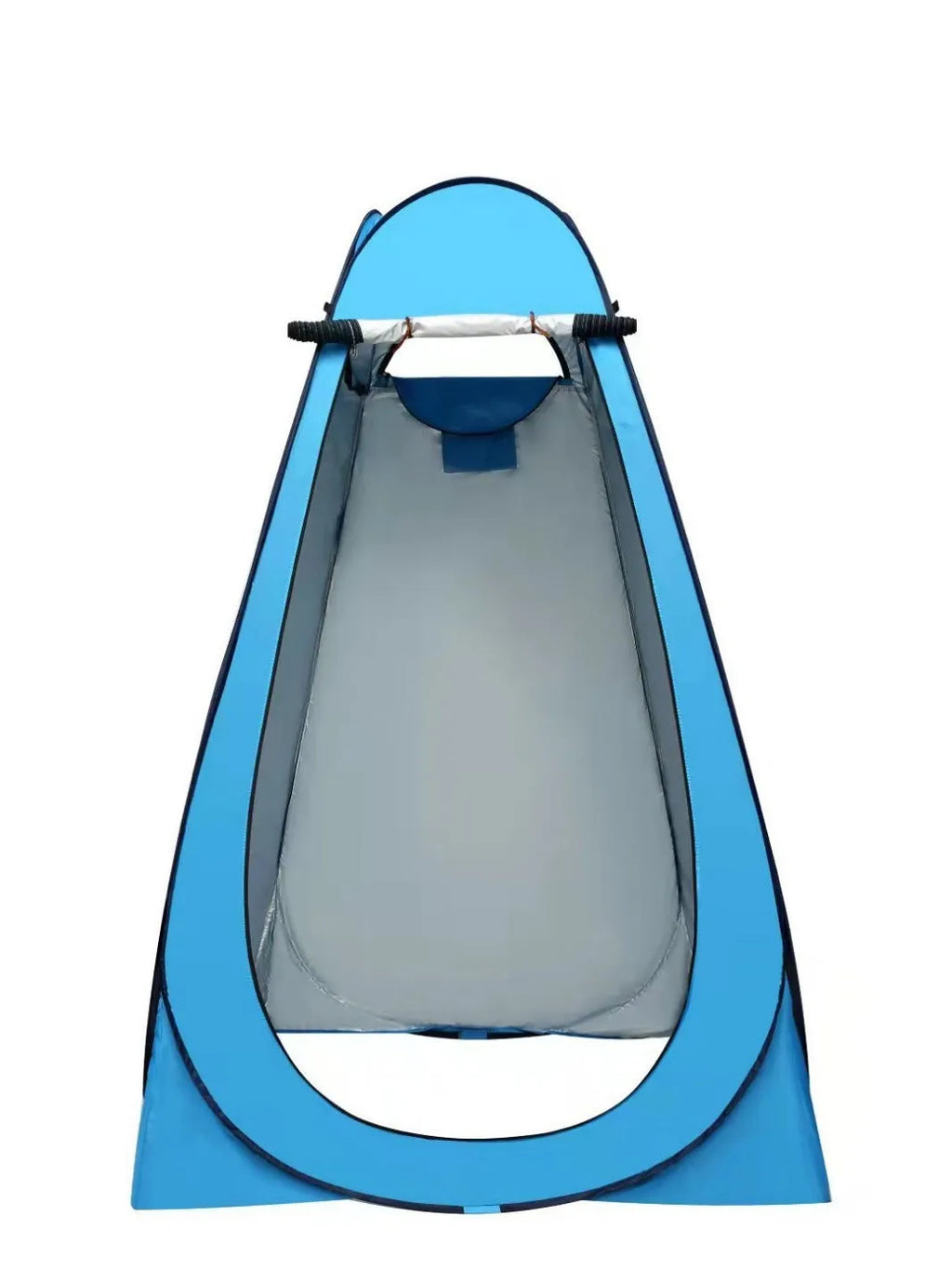 Blue and silver fast-opening camping changing tent set up outdoors with two windows.