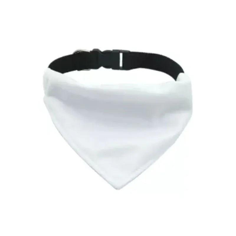 White blank polyester dog scarf for thermal transfer customisation, shown in four sizes.