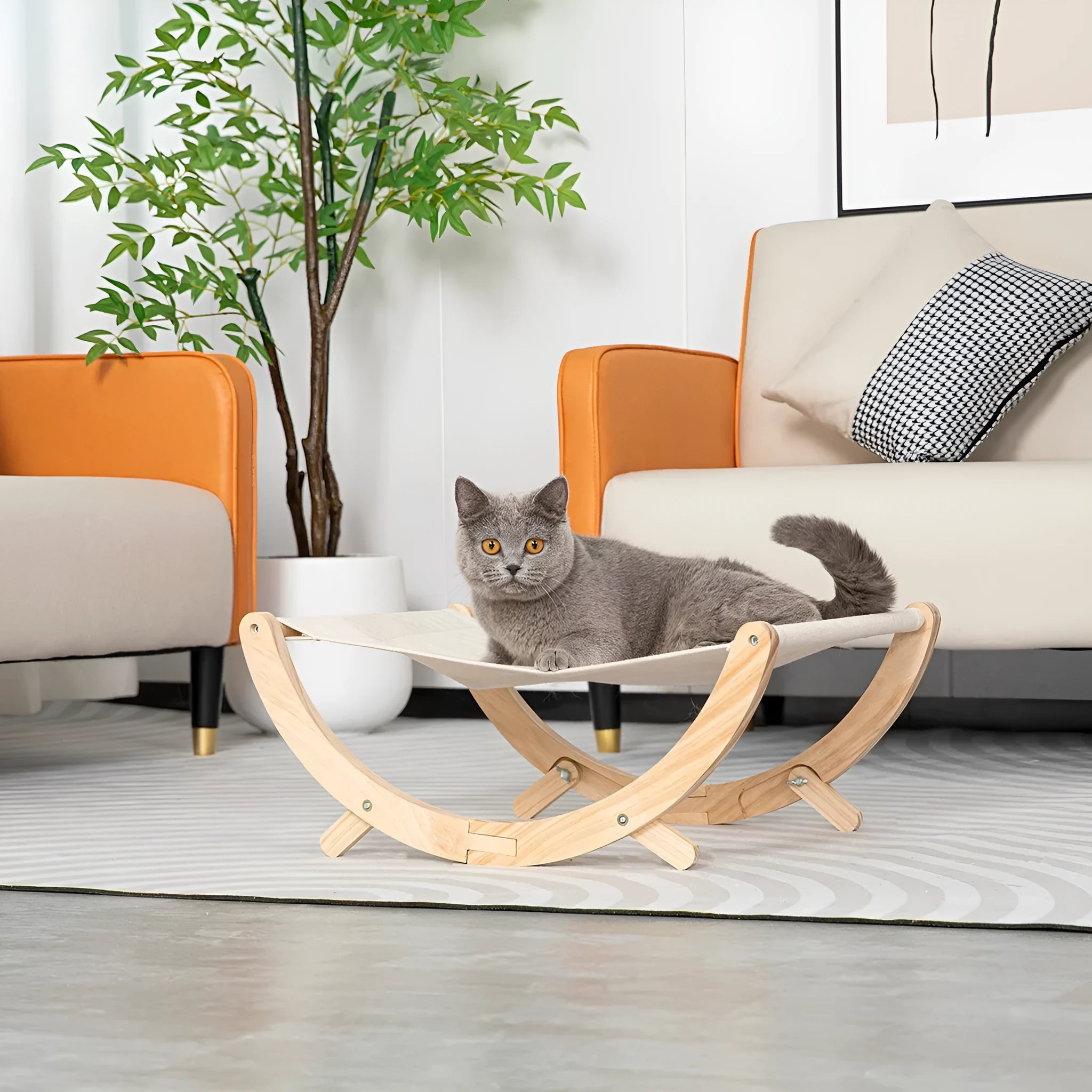 Solid wood foldable cat hammock bed with neutral brown frame and fabric matting