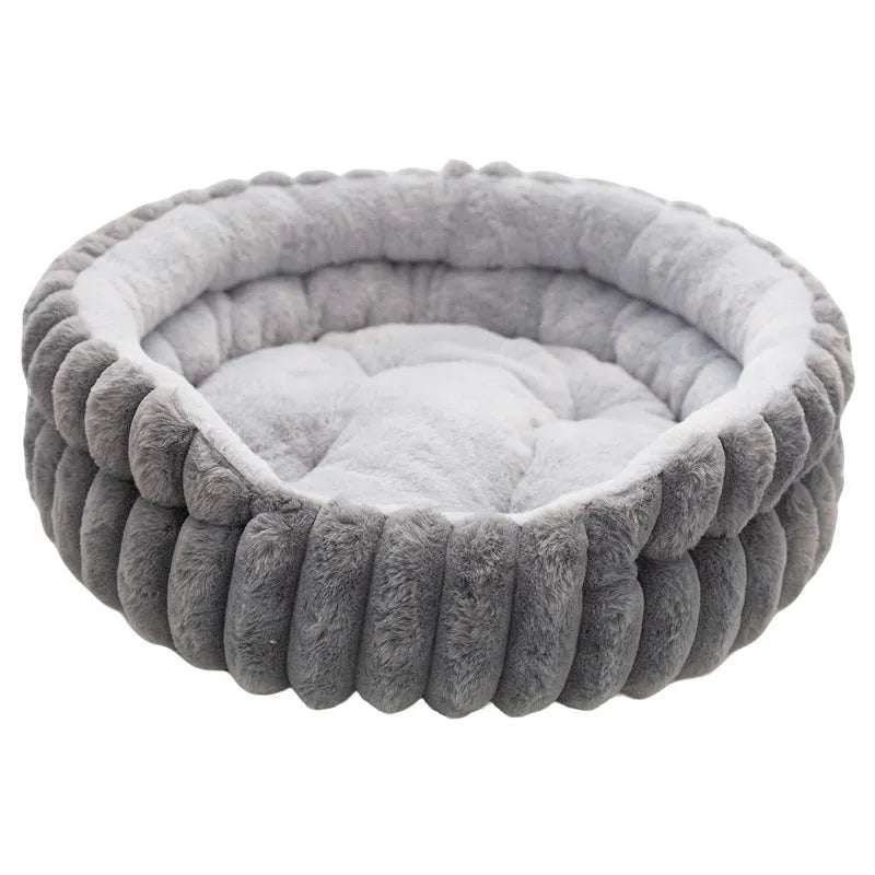 Round plush pet cat bed in khaki colour with rabbit design, diameter 40cm, low 15cm height