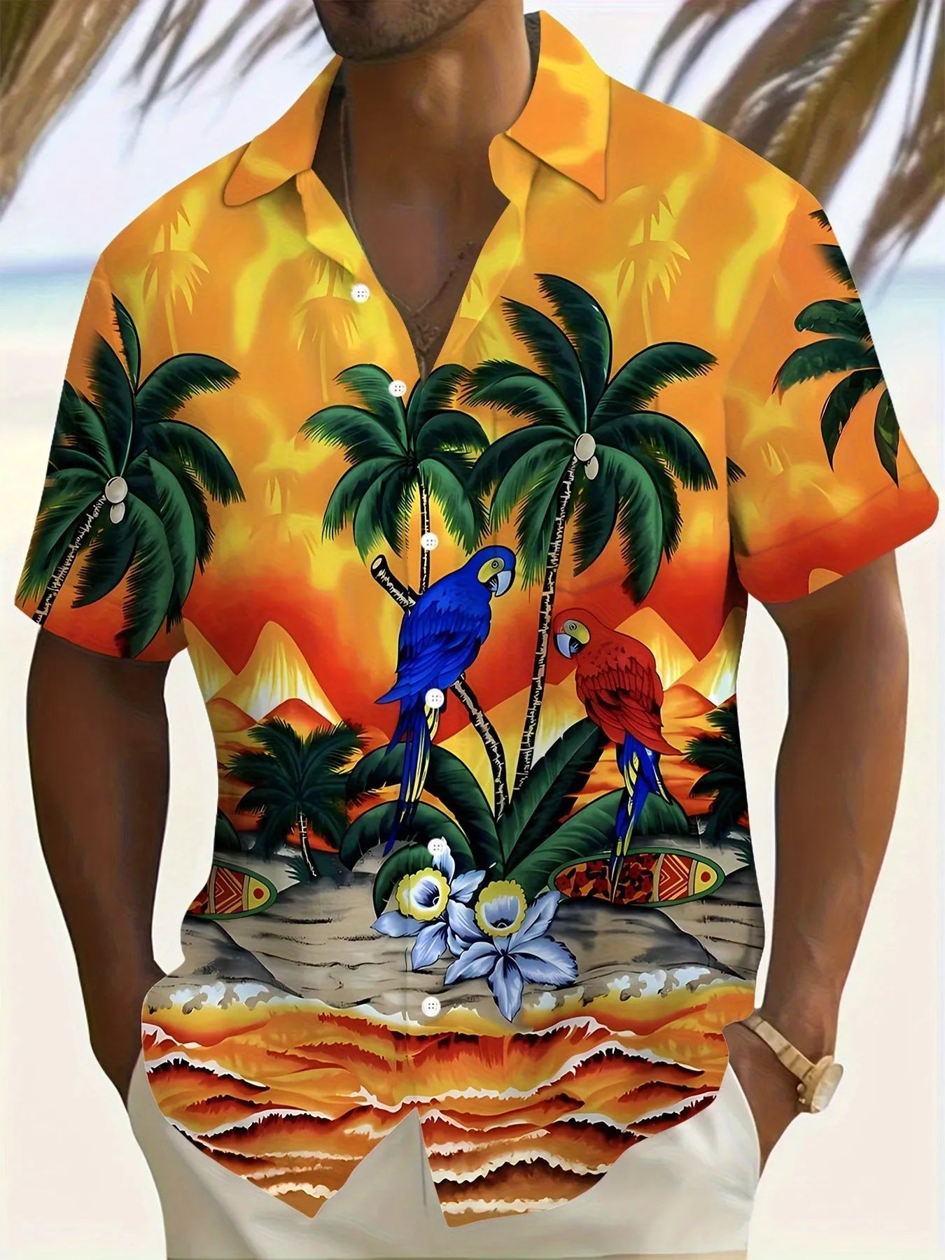 Man wearing a loose-fit floral print short sleeve shirt in a cardigan style.