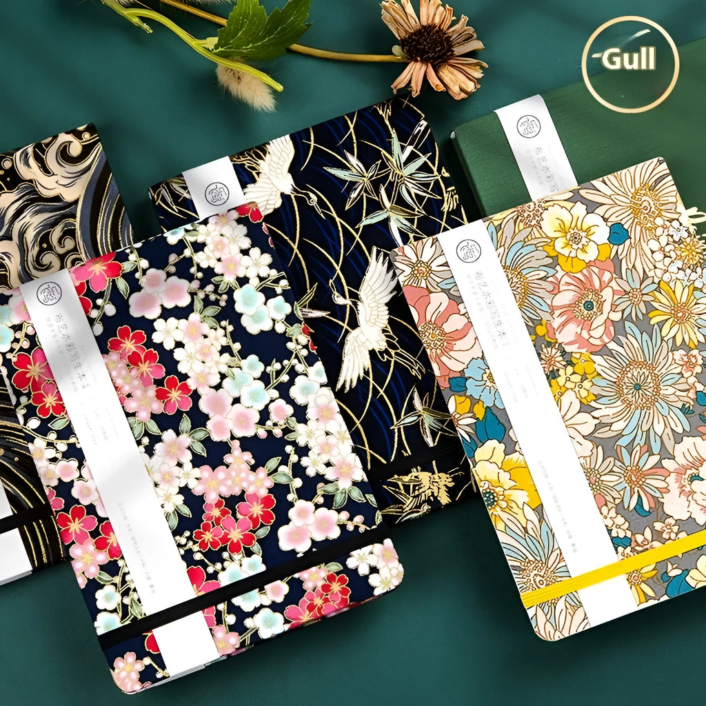 Feiluniao handmade watercolour notebook with fabric cover showing floral design, 185mm length