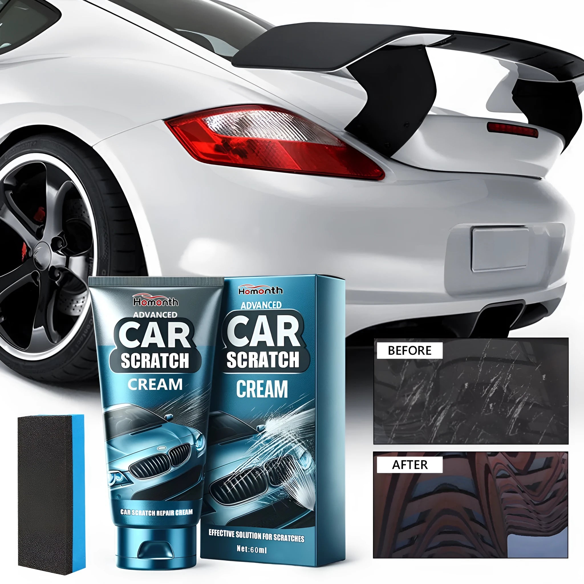 Car scratch repair cream kit showing 60ml container and 3x7cm applicator sponge for automotive paint renovation