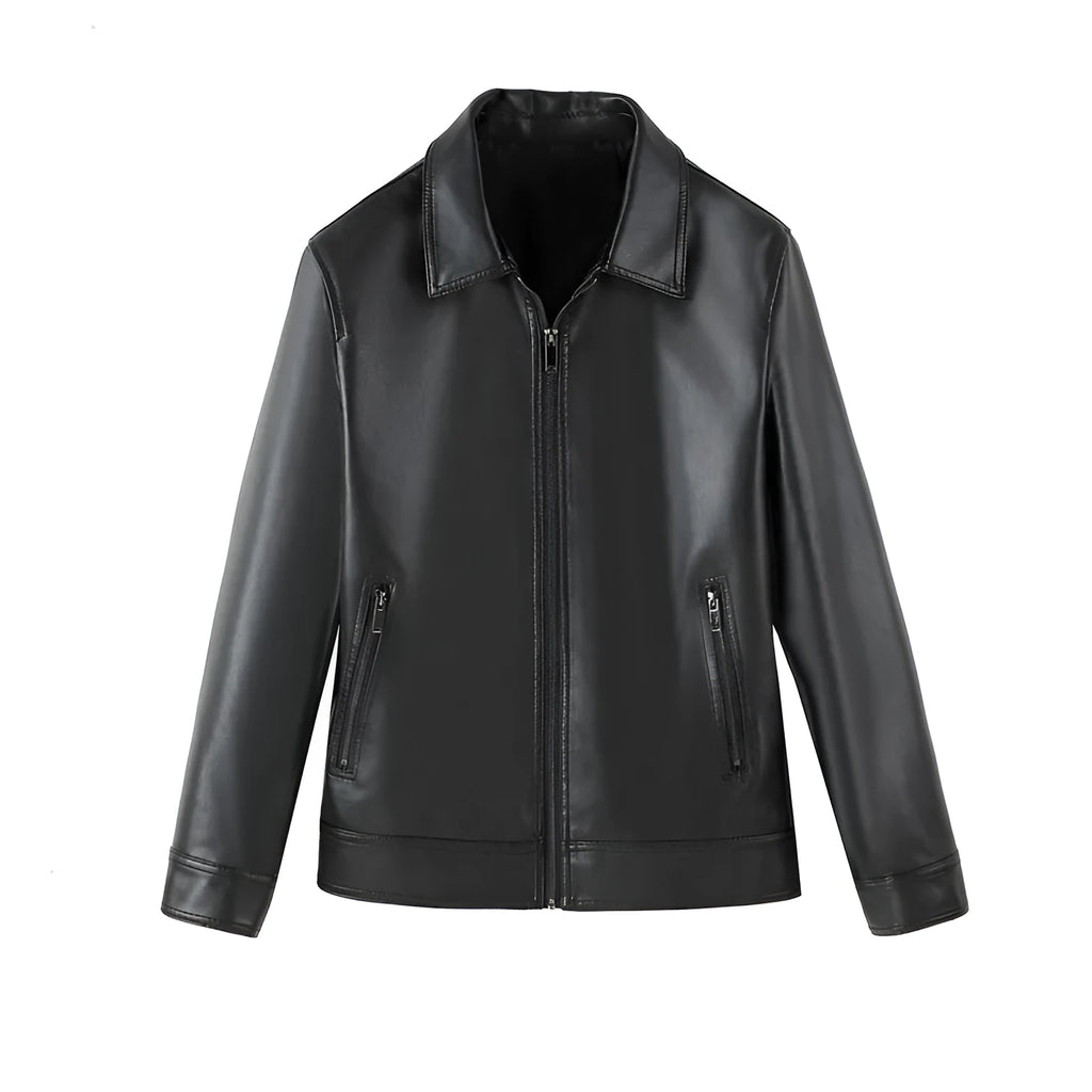 Men's black PU leather jacket with zipper pockets, shown in a loose fit casual style.