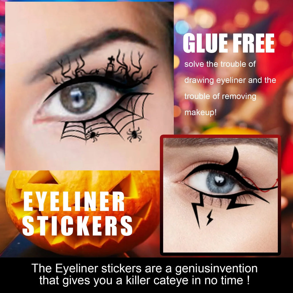 Set of bat and spider shaped decorative eyeliner stickers for makeup application.