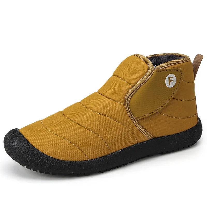 Men's waterproof snow boots with cotton upper and non-slip rubber soles in black, blue, green, yellow colours