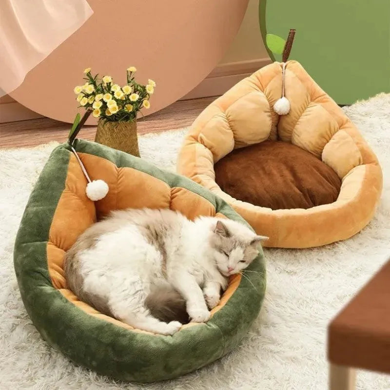 Coffee-coloured cotton pet bed house for a cat, showing plush cushion inside.