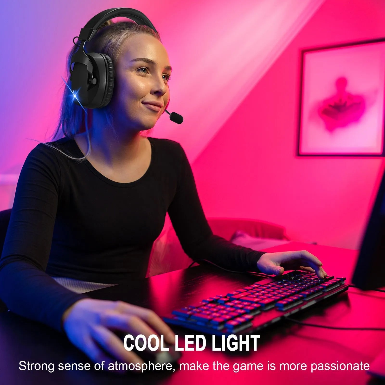 Black over-ear Bluetooth headphones with 2.4G dual-mode for gaming, IPX4 rating, ABS plastic and protein leather construction