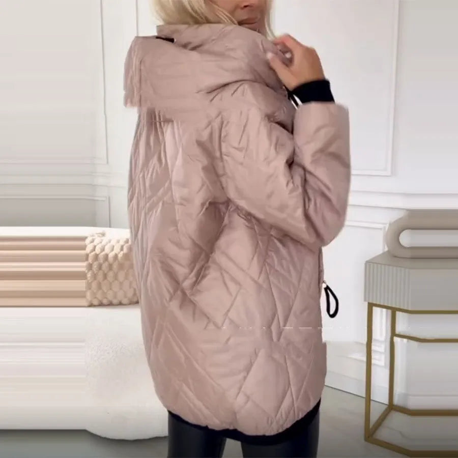 Women's casual hooded coat in pink and black colours, shown in a loose fit with long sleeves.