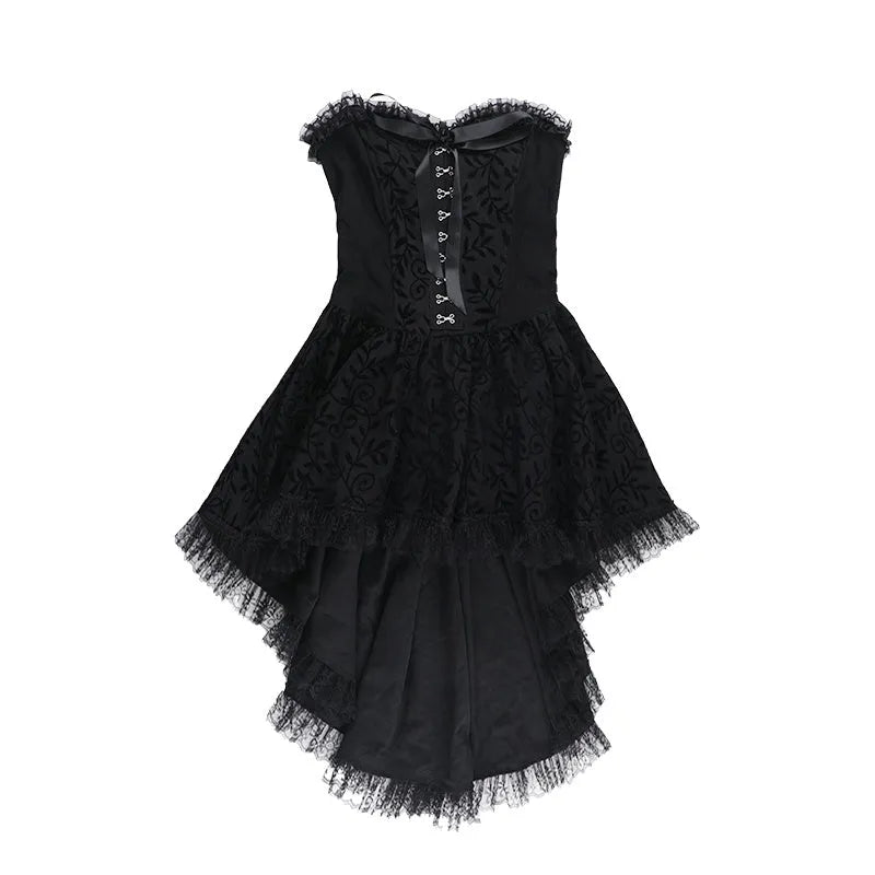 Black gothic flocking bra trailing dress with bow detail, sleeveless, hip skirt style for Halloween costume