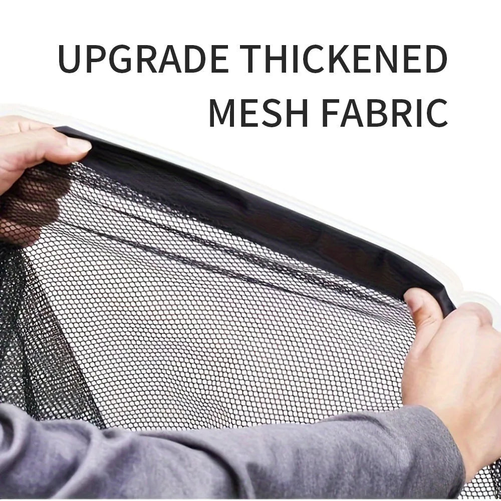 Foldable pet dog gate made of fibreglass mesh with hooks for no-drill installation in a doorway