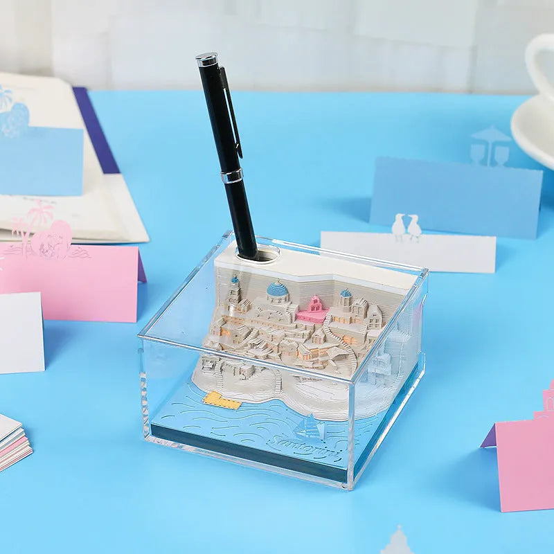 Santorini beach three-dimensional paper carving notepad and building model measuring 9x9x5 cm