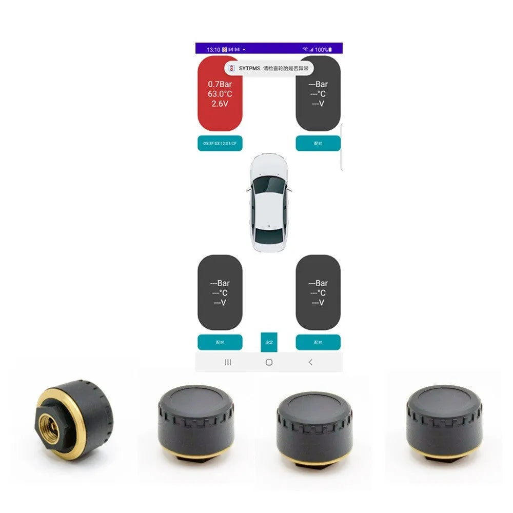 Four black Bluetooth tyre pressure sensors for car with mobile phone display showing pressure readings