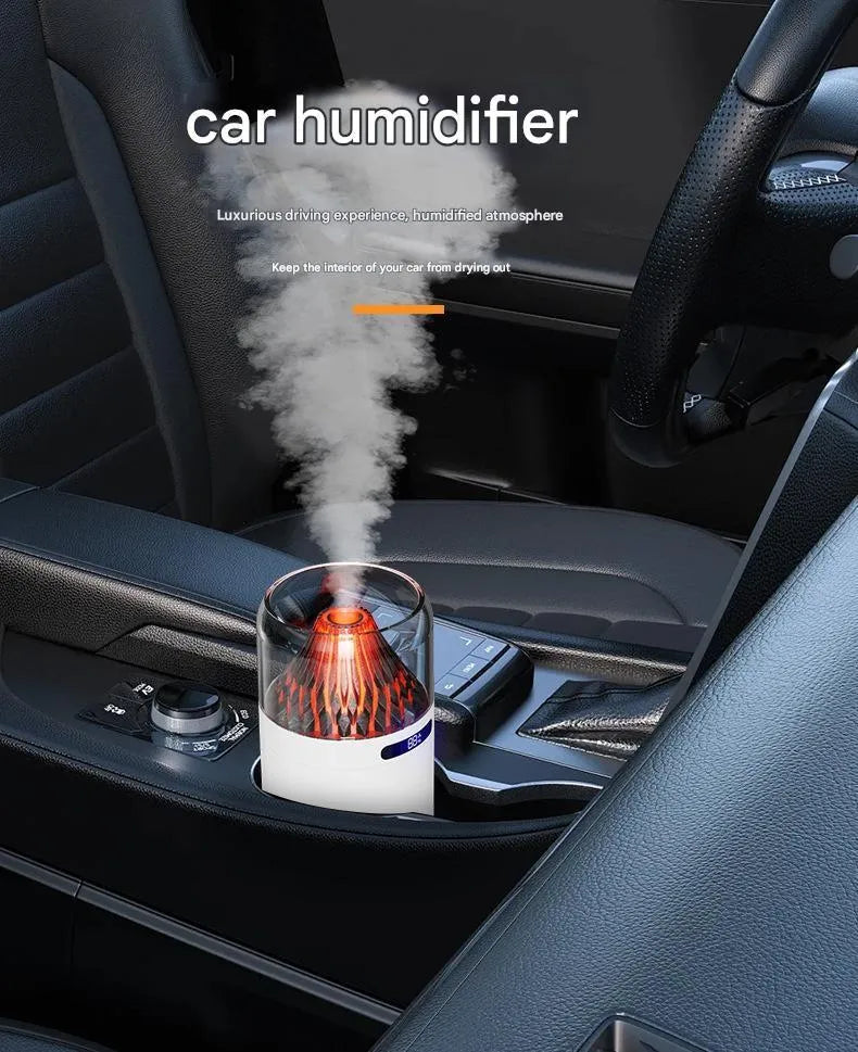 Volcano compact battery-powered USB humidifier in black with digital display on a desk