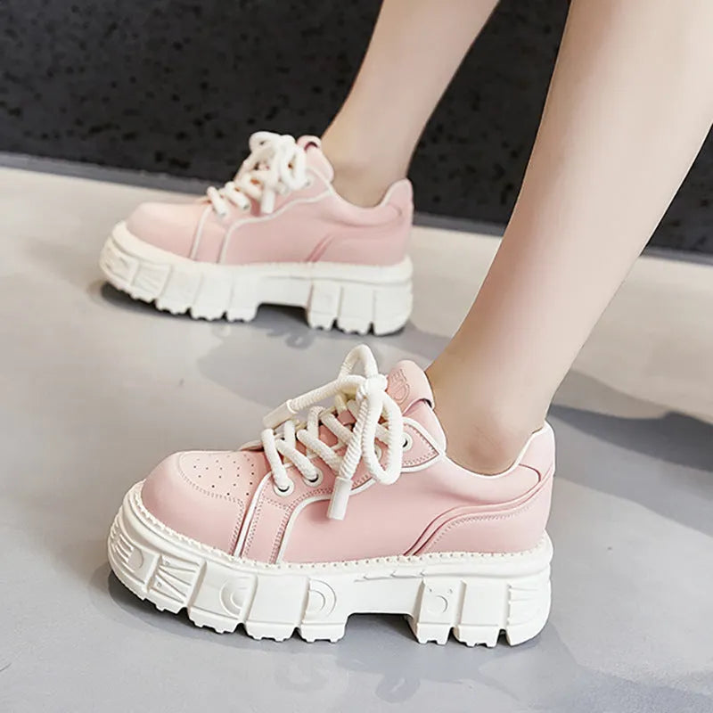 Beige and pink leather casual shoes with muffin bottom design and rubber foam soles