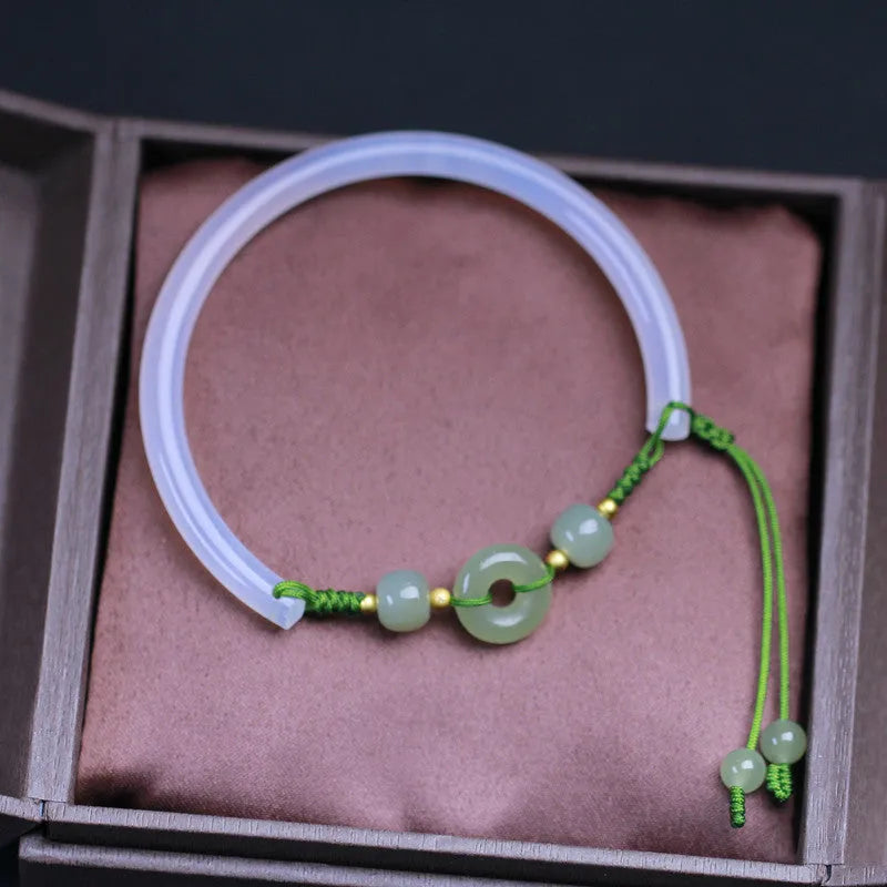Hand-woven white agate bracelet with Hetian jade beads and peace buckle closure