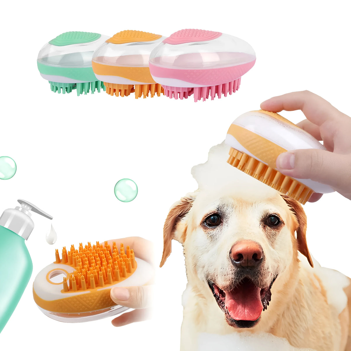 2-in-1 pet bath brush with soft silicone bristles, shampoo reservoir, and non-slip grip in pink