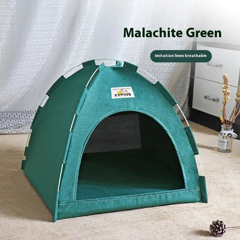Grey tent-style pet bed for cats and small dogs with removable washable cover.