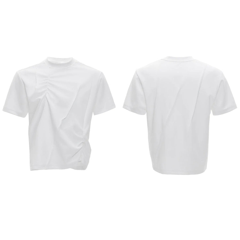 Men's black cotton T-shirt with three-dimensional pleats on the front, showing a round neck and short sleeves.