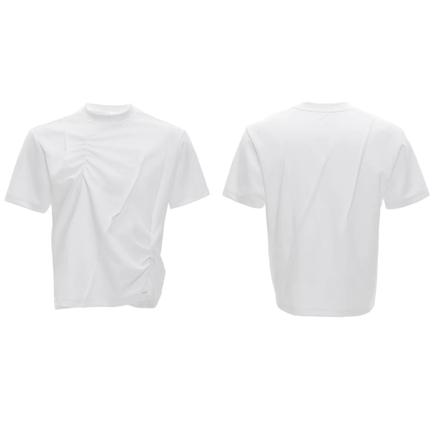 Men's black cotton T-shirt with three-dimensional pleats on the front, showing a round neck and short sleeves.