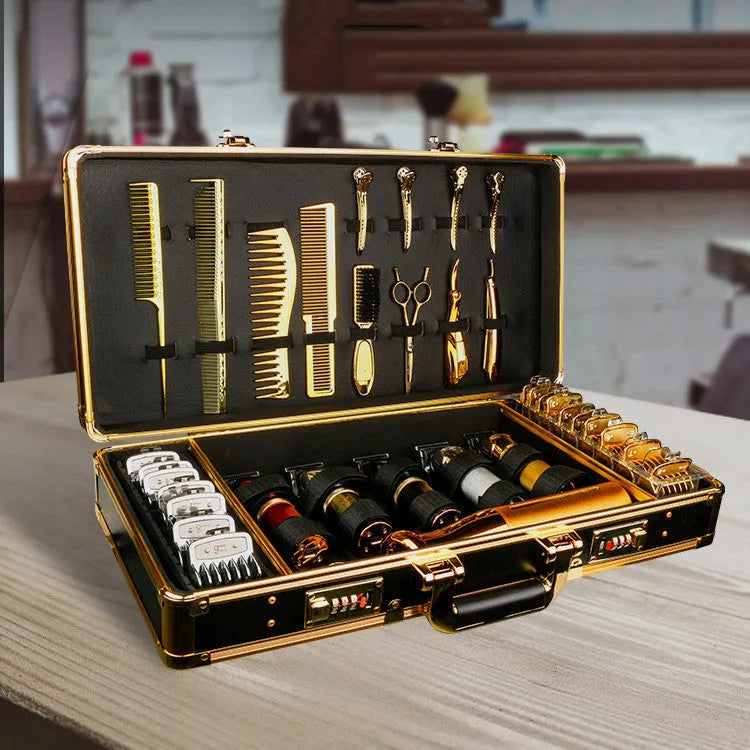 Black hard-shell PVC suitcase for storing hair styling tools like hairdryers and straighteners.