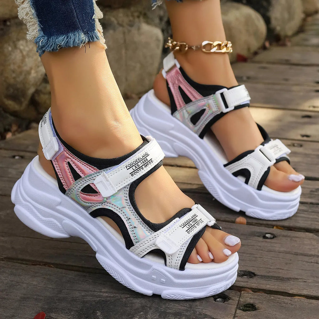 Women's white Roman platform sandals with PU leather upper and rubber sole