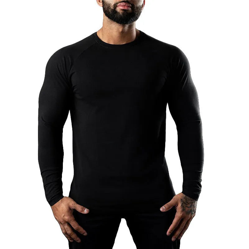 Men's tight-fit cotton sports t-shirt in army green, long sleeve, round neck.
