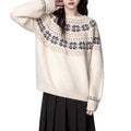 Women's Milky White Fair Isle patterned pullover sweater with a loose fit and crew neck.