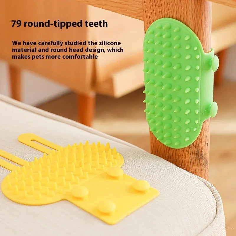 Adjustable silicone cat scratching comb mounted on a table leg in green colour.