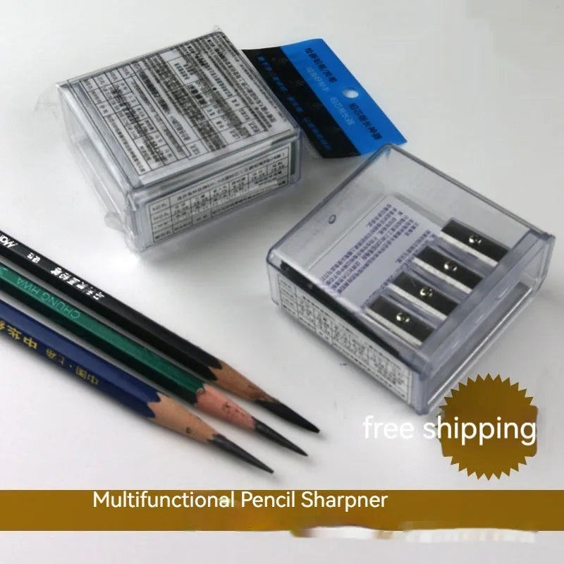 Geometric plastic pencil sharpener with four holes and an included screwdriver for blade maintenance.