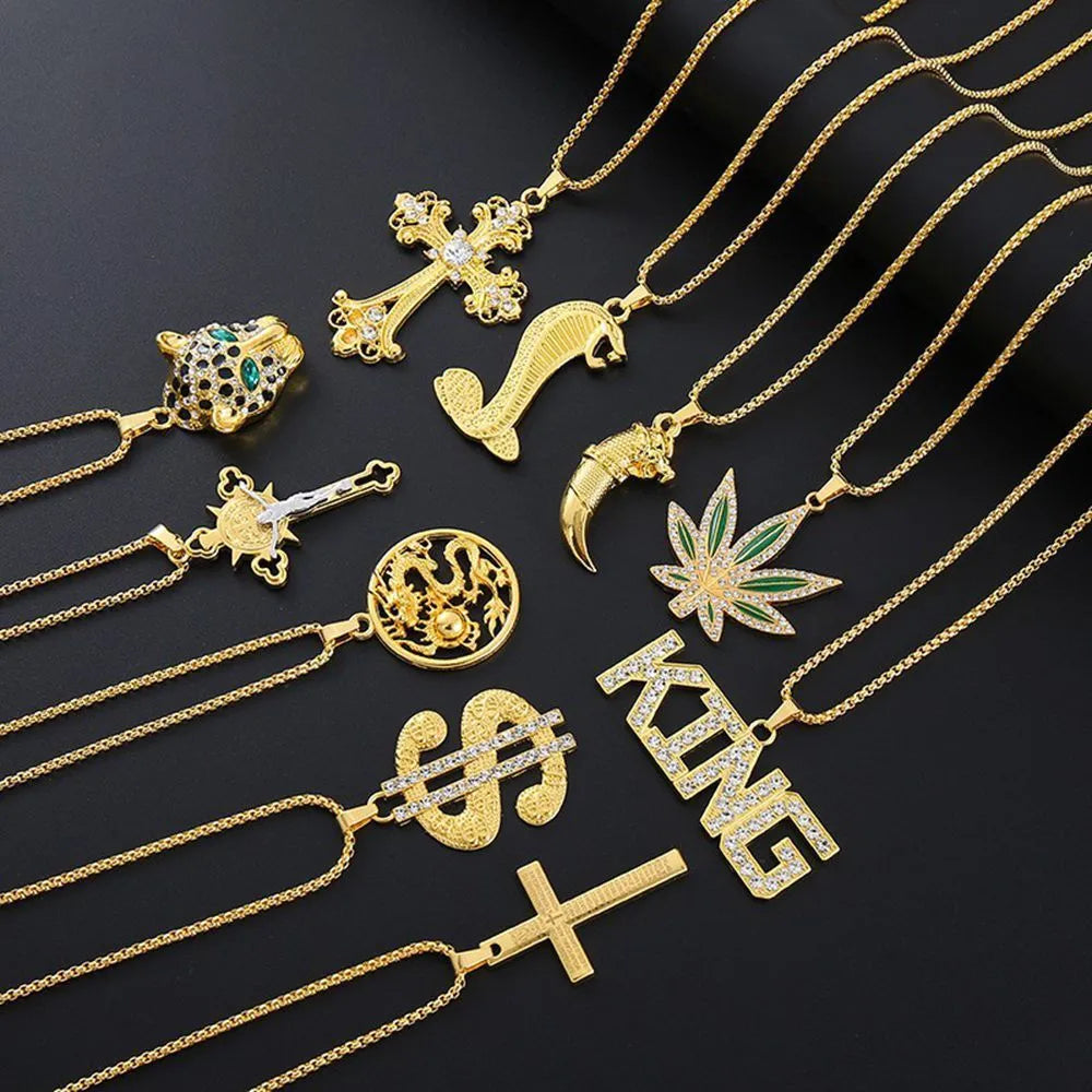 Gold geometric women's necklace with inlaid zircon stones on an alloy pendant.