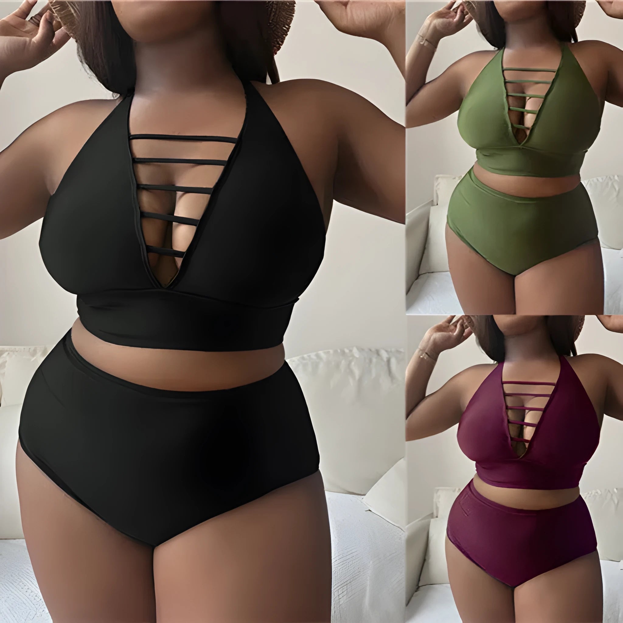 Plus size woman in a solid colour halter neck bikini with adjustable cross-back straps and high-waisted briefs.