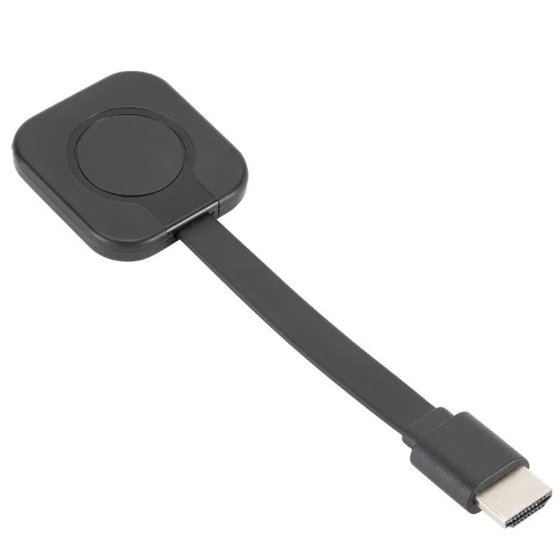 Compact wireless HDMI transmitter for screen mirroring with mobile phones, shown with data cable.