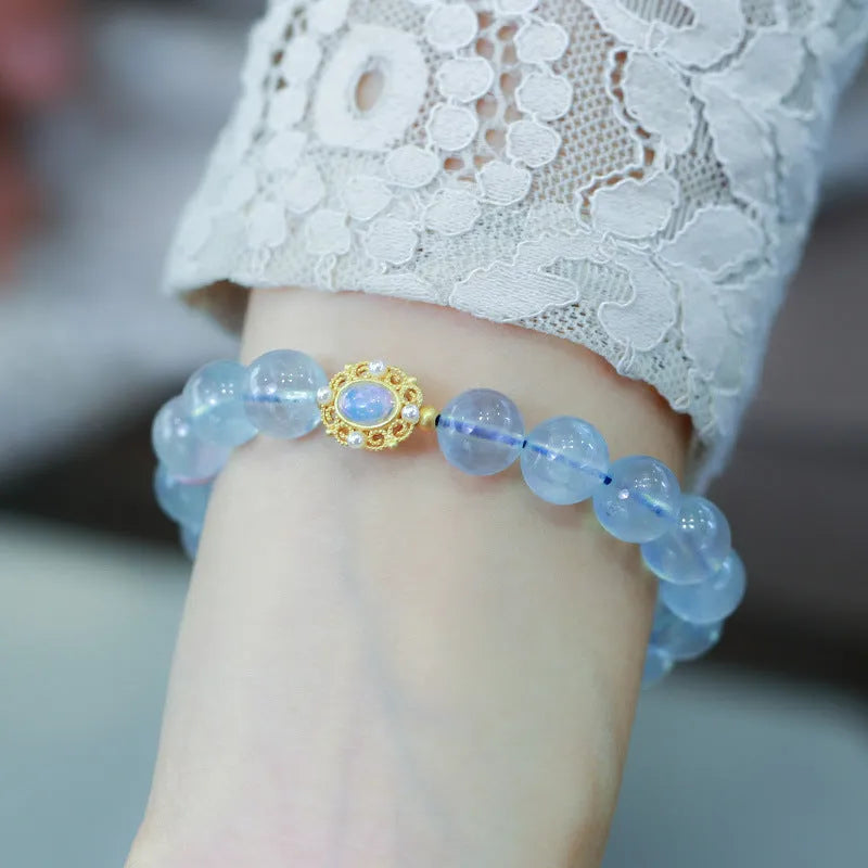 Chinese style aquamarine women's bracelet with pearl decorations and fox charm elements