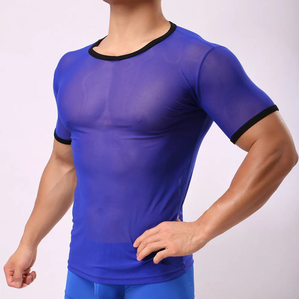 Men's slim fit nylon mesh T-shirt in solid colours including sapphire blue and black.