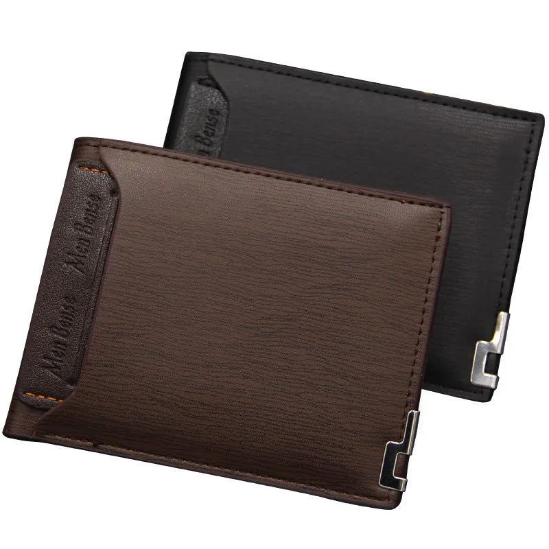 Men's black iron-edge short wallet showing card slots and coin compartment