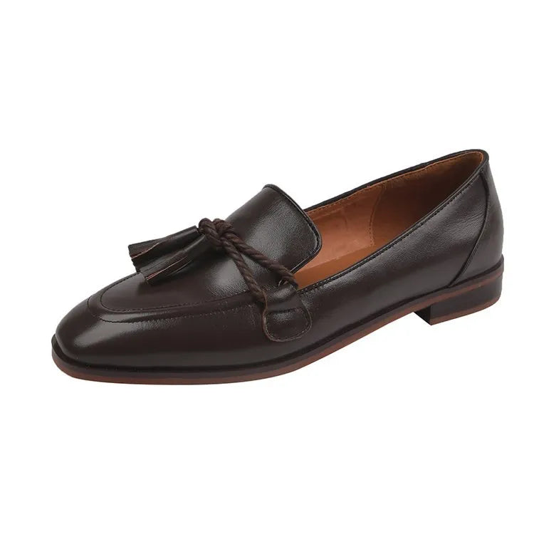 Women's vintage round head tassel low-cut shoes with low square heel in brown and black