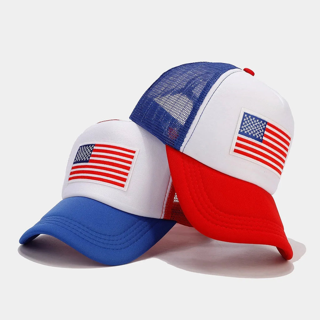 Red and blue mesh cotton baseball cap with adjustable strap and dome crown design