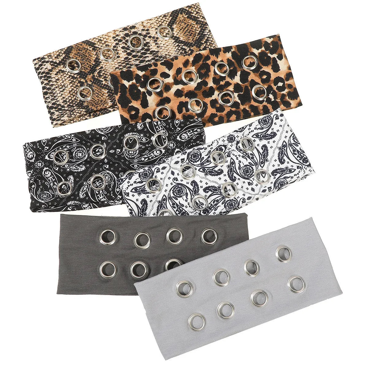 Hollow metal punk hair band with circle decoration in seven colour options on a white background.