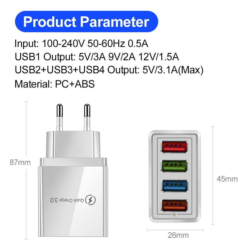 Black and white multi-port USB wall charger with luminous light indicator and UK three-pin plug