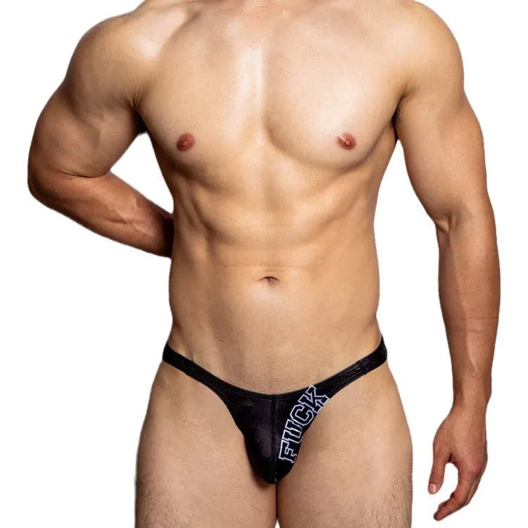 Low waist polyester triangle shorts for couples in black, white, and orange colours.