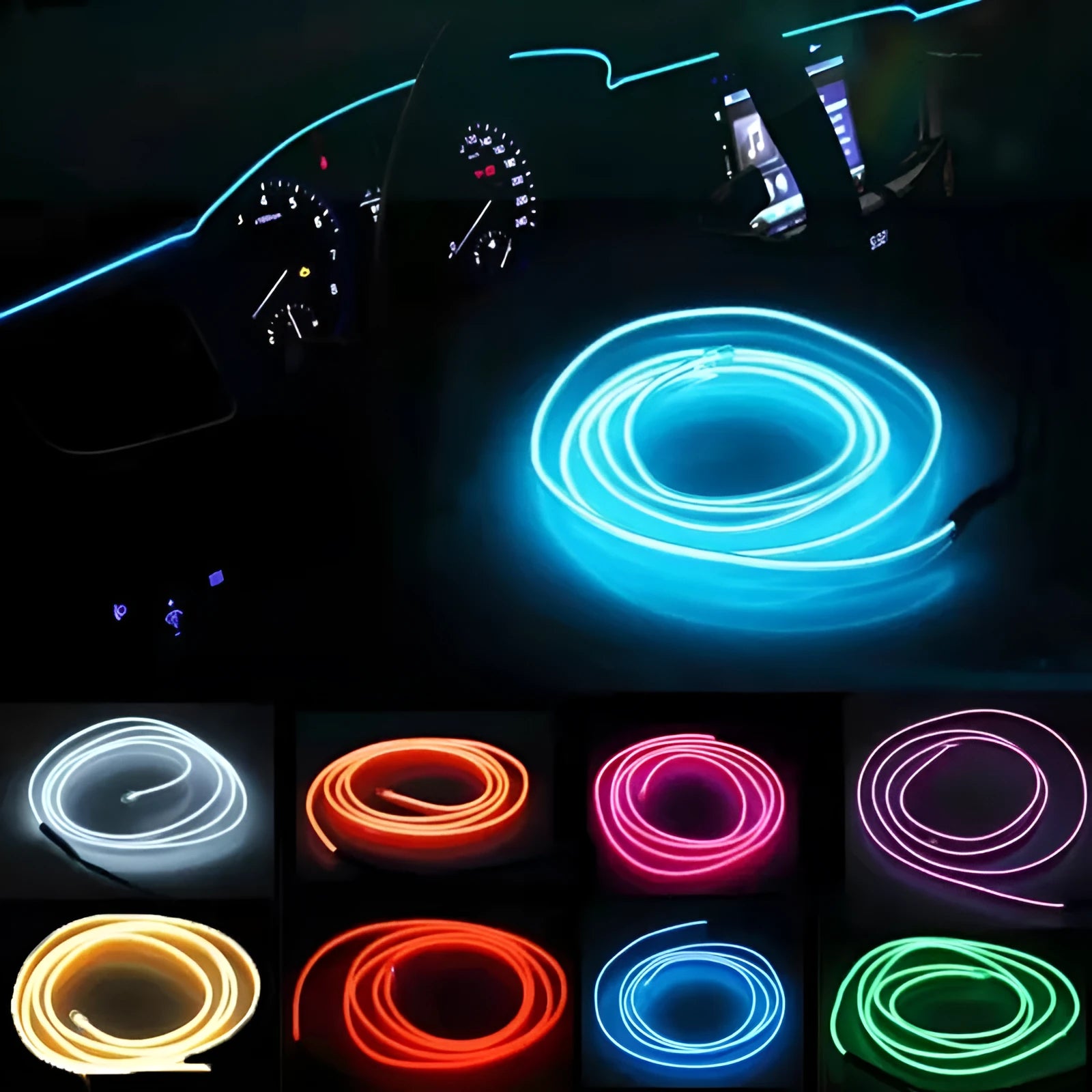 Six-metre long USB-powered LED light cable for car interior ambient lighting in multiple colour options