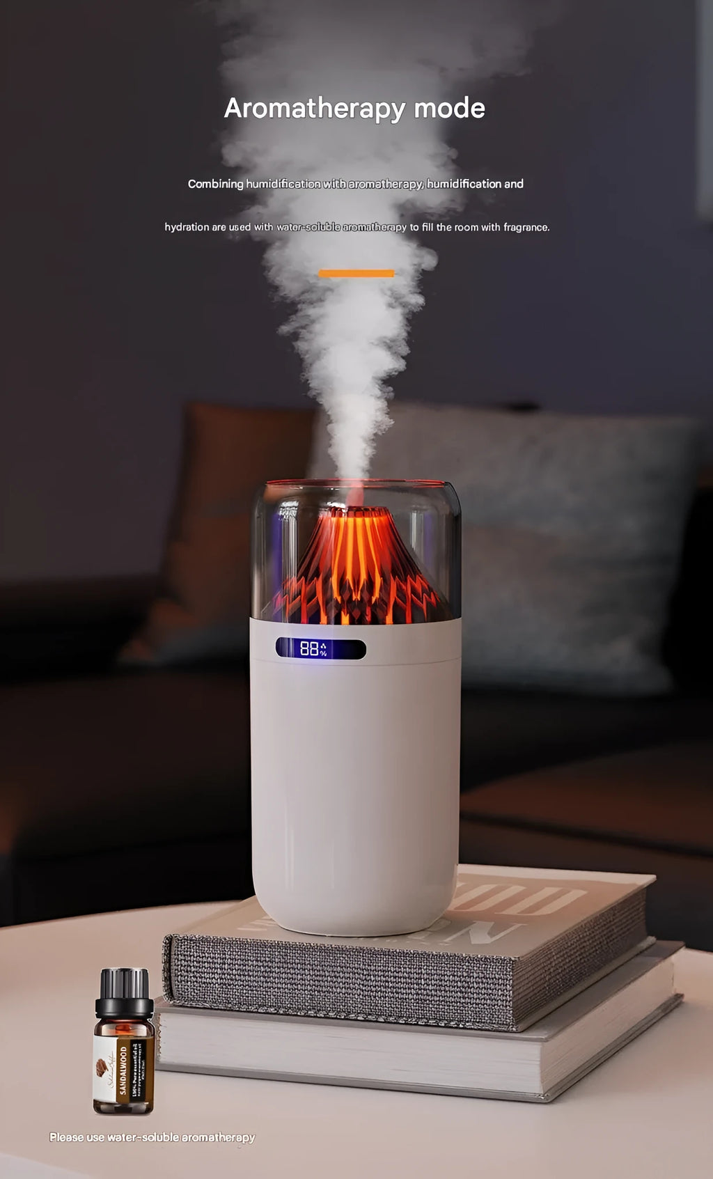 Volcano compact battery-powered USB humidifier in black with digital display on a desk