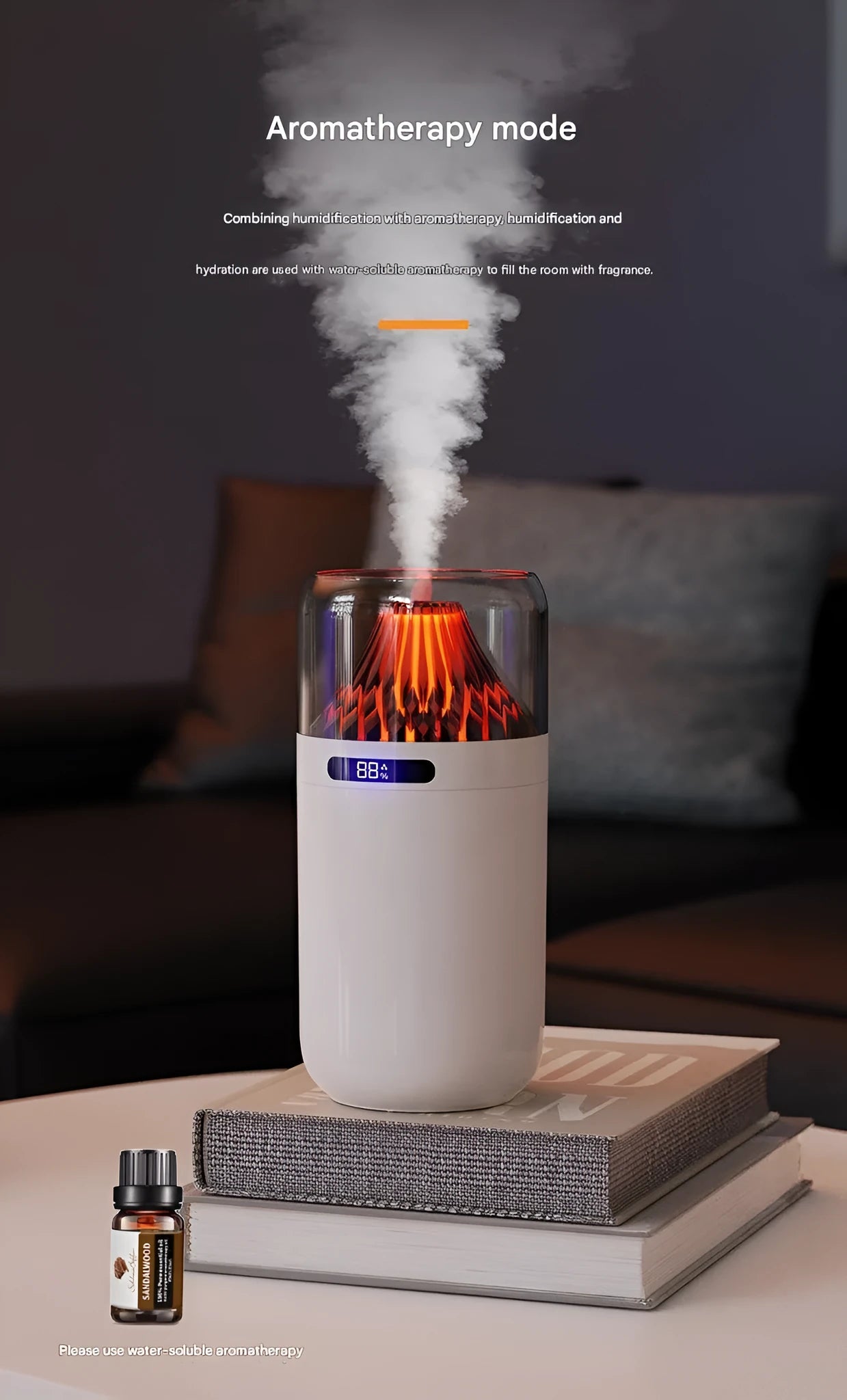 Volcano compact battery-powered USB humidifier in black with digital display on a desk