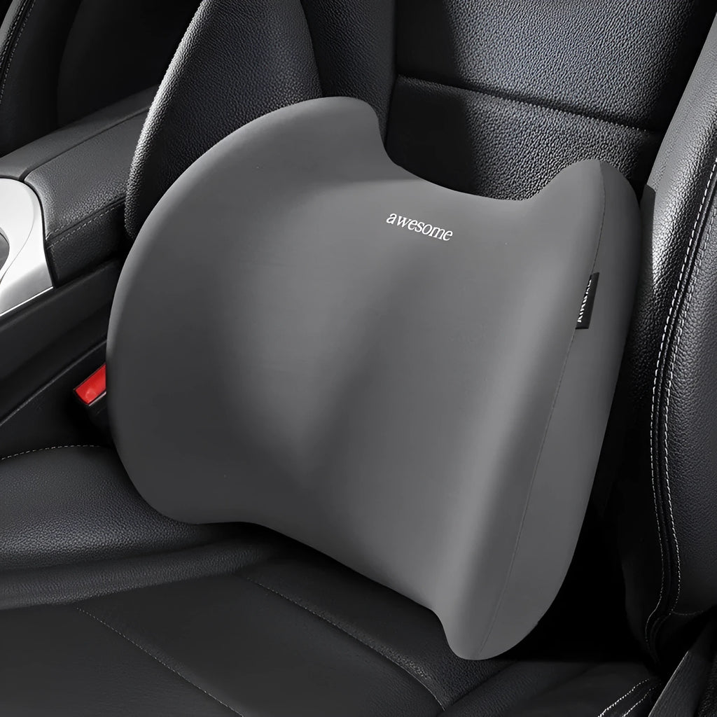 Grey geometric pattern car headrest and lumbar support pillow set made with memory foam and cotton.