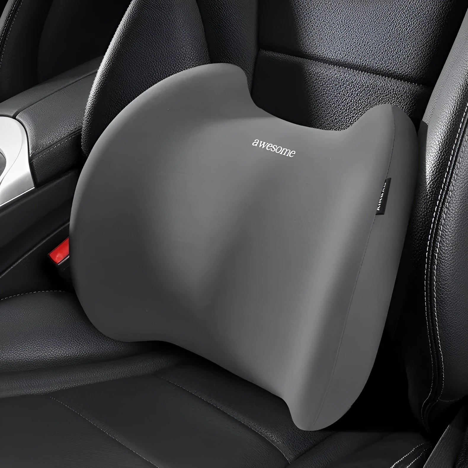 Grey geometric pattern car headrest and lumbar support pillow set made with memory foam and cotton.