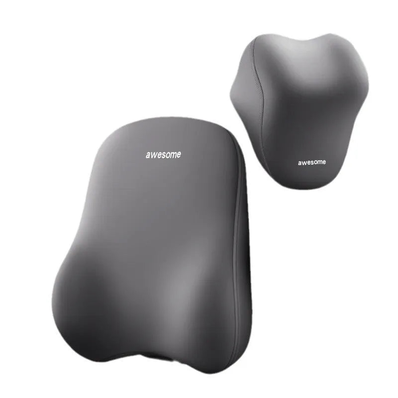 Y-black automotive headrest and lumbar support pillow set with memory foam filler on a car seat