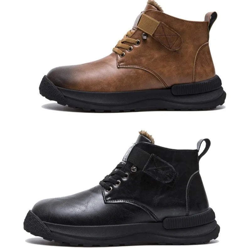 Black velvet platform Martin boots with high-top design and sewing thread detailing